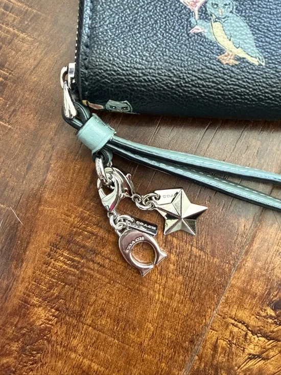 Coach Black Leather Wristlet Wallet with Party Owl Print - Picture 3 of 12